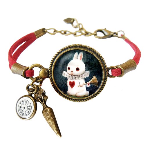 Bracelet * lapin blanc * alice au pays des merveilles cabochon coeur rouge