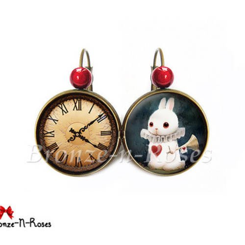 Boucles doreilles Lapin blanc à la montre Alice au pays des merveilles dormeuses cadeau Noël 