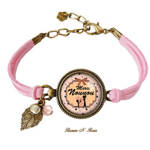 Bracelet " merci nounou " bijou fantaisie cabochon bronze rose cadeau nourrice verre 