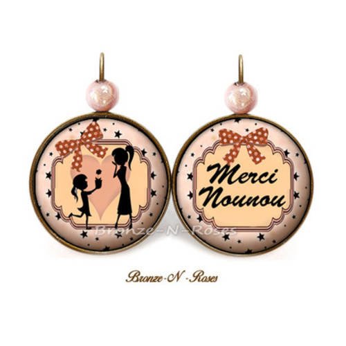Boucles d'oreilles " merci nounou " bijou fantaisie cabochon bronze rose cadeau nourrice verre dormeuses 