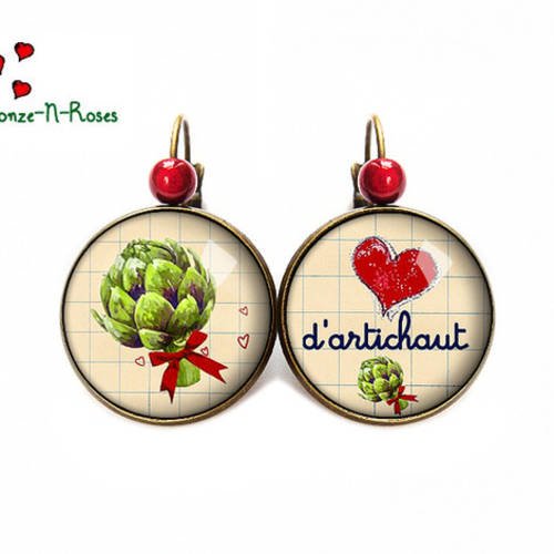 Boucles d'oreilles " coeur d'artichaut " cabochon bronze rouge et vert dormeuses 