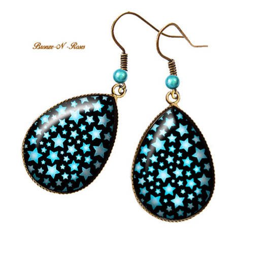 Boucles d'oreilles gouttes * stars * bronze cabochon bleu verre perles 