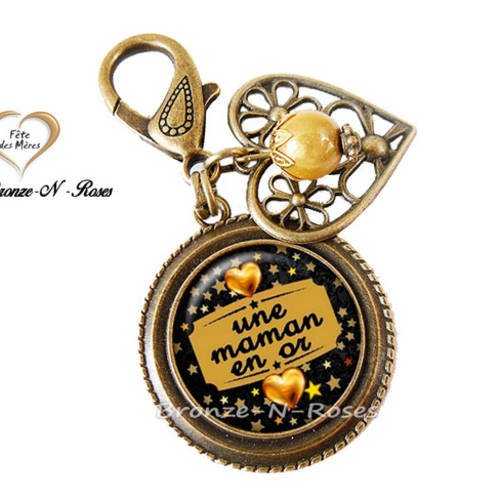Bijou de sac " une maman en or " bijou cabochon bronze cadeau noir coeur jaune verre 