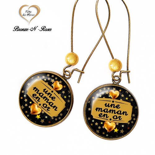 Boucles d'oreilles " une maman en or " bijou cabochon bronze cadeau noir coeur jaune verre 