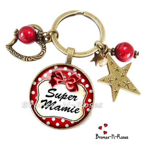 Porte clés " super mamie " bijou cabochon couleur bronze cadeau fêtes des grands mères verre 