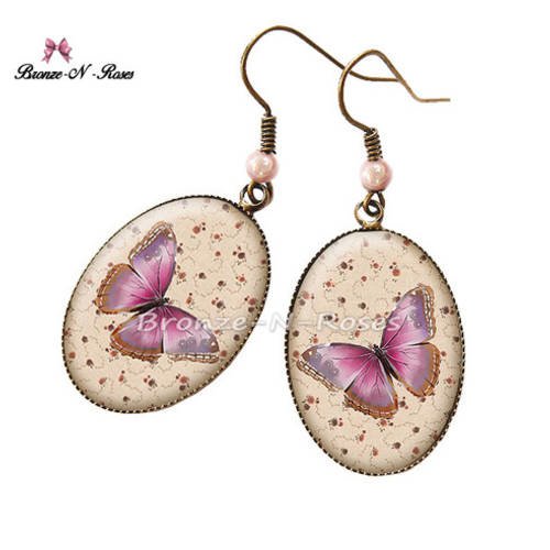 Boucles d'oreilles " papillon rose " cabochon fleurs liberty bronze 