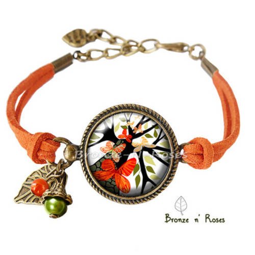 Bracelet " arbre aux papillons oranges " cabochon bronze bijou fantaisie 