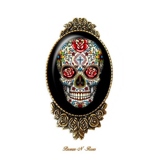 Broche épingle ° skull ° bijou fantaisie cadeau tête de mort fleurs mexicain
