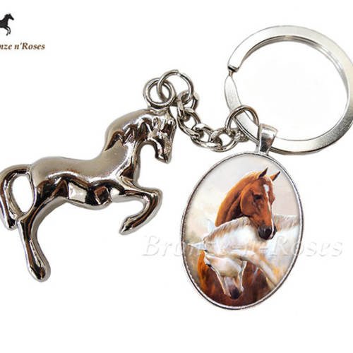 Porte clés cabochon " chevaux amoureux " cabochon marron cheval métal verre 