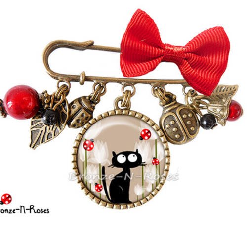 Broche épingle " chat noir et coccinelles " cabochon bronze bijou fantaisie rouge verre
