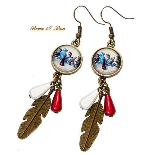Boucles d'oreilles * les oiseaux * cabochon bronze bleu rouge 
