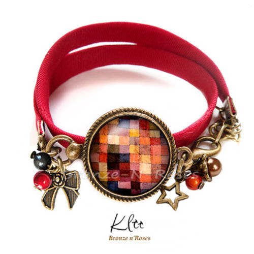 Bracelet " peinture carreaux " klee cabochon bronze bijou fantaisie marron rouge verre 