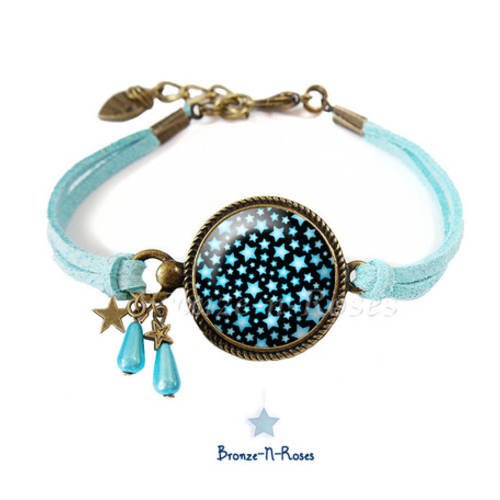 Bracelet " etoiles bleues " cabochon bronze stars ciel 