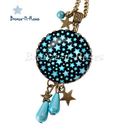 Sautoir " étoiles bleues " cabochon bronze stars 