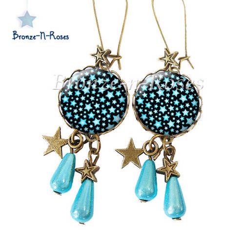 Boucles d'oreilles " etoiles bleues " cabochon bronze stars 
