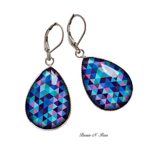 Boucles d'oreilles gouttes " petits triangles multicolores " métal argenté cabochon bleu verre 