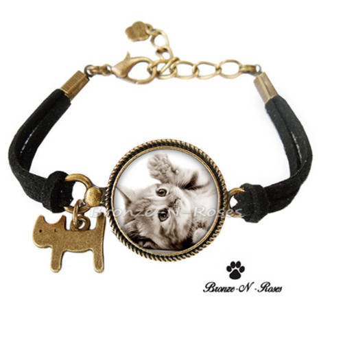 Bracelet * chatons * bijou fantaisie noir et blanc bronze bébés chats verre 