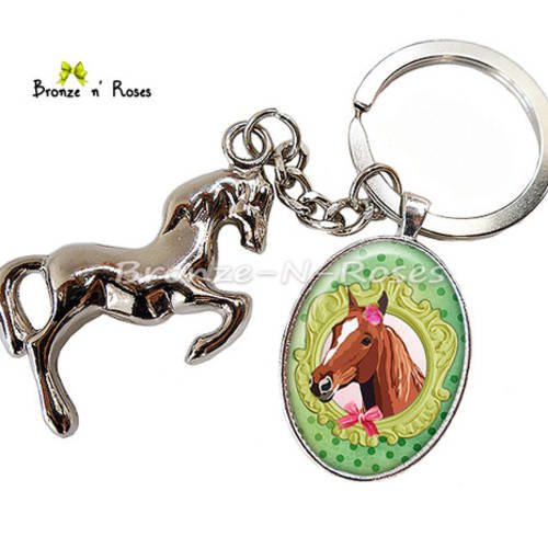 Porte clés cabochon * cheval * bijou fantaisie cadeau fille vert et rose métal argenté verre 