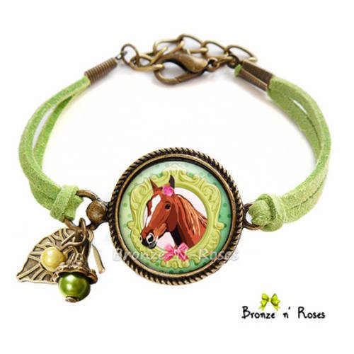 Bracelet * cheval * bijou fantaisie cadeau fille vert et rose verre