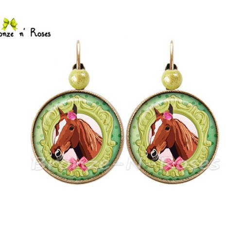 Boucles d'oreilles * cheval * bijou fantaisie cadeau fille vert et rose verre dormeuses