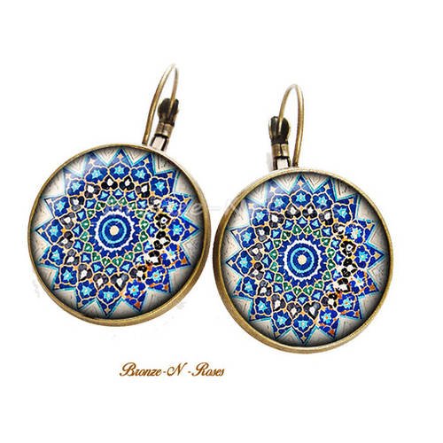 Boucles d'oreilles * mosaïque arabo andalouse * cabochon bronze verre bleu