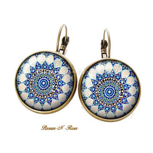Boucles d'oreilles * mosaïque arabo andalouse * cabochon bronze bleu dormeuses 