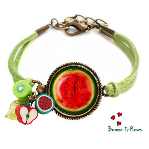 Bracelet * j'aime la pastèque * fruits vert et rouge cabochon bronze  verre 