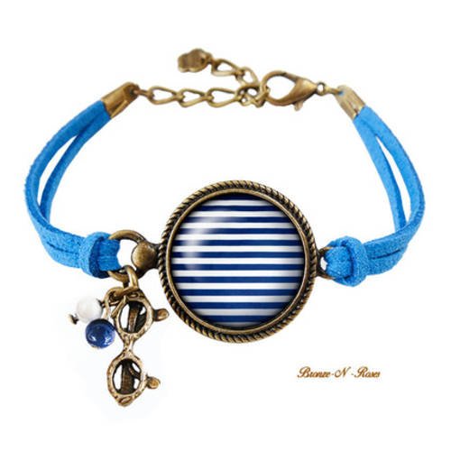 Bracelet * marinière * bronze cabochon rayures bleues blanches verre 