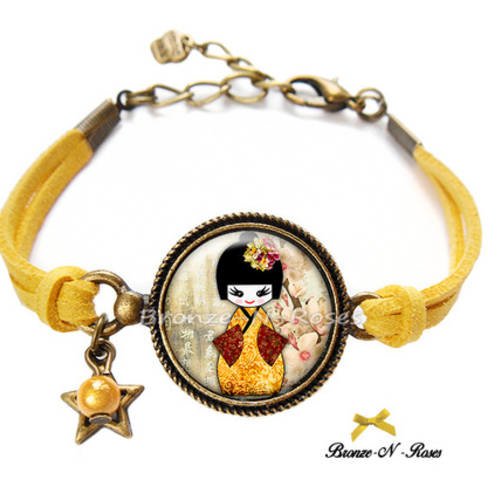 Bracelet * kokeshi * bijou fantaisie cabochon bronze et verre fleurs jaunes verre 