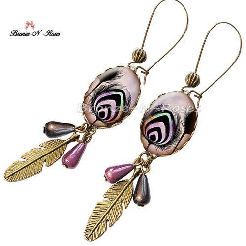 Boucles d'oreilles - plume de paon - cabochon violet noir bronze bijoux fantaisie 