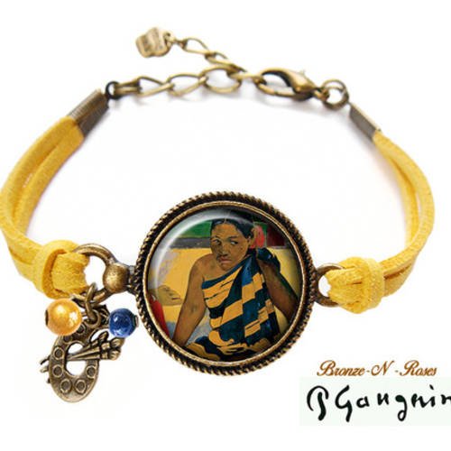 Bracelet tableau paul gauguin * femmes de tahiti * cabochon bronze jaune verre