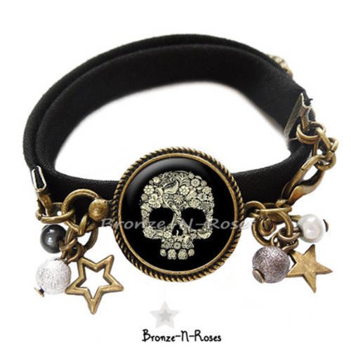Bracelet * tête de mort * cabochon noir skull roses bronze verre 