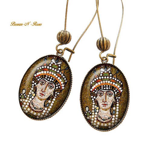 Boucles d'oreilles * théodora * bijou fantaisie cabochon bronze art byzantin mosaïque 