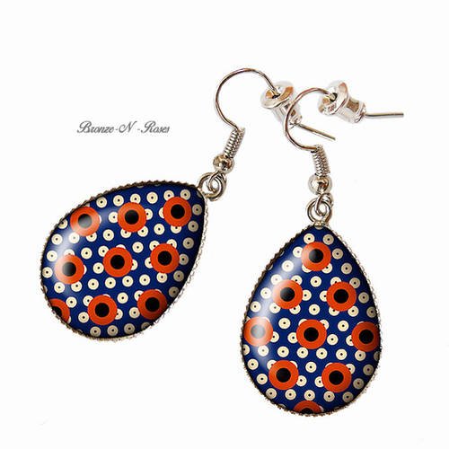 Boucles d'oreilles gouttes * pois pop * cabochon rouge bleu 