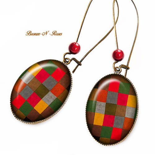 Boucles d'oreilles  * carreaux patchwork * cabochon bronze klee verre 