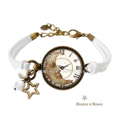 Bracelet °° le temps d'un rêve °° cabochon blanc étoile lune bijou fantaisie blanc verre 