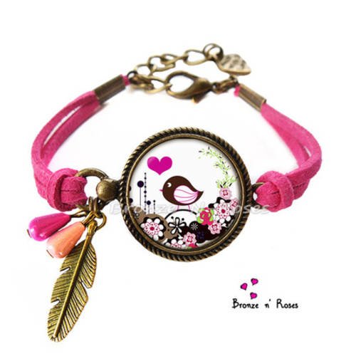 Bracelet * love pioupiou * cabochon bronze oiseaux fleurs plume rose verre