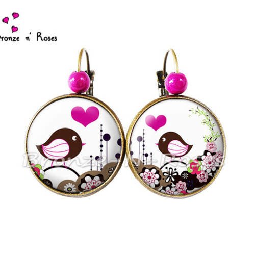 Boucles d'oreilles * love pioupiou * cabochon bronze oiseaux fleurs plume rose verre dormeuses 