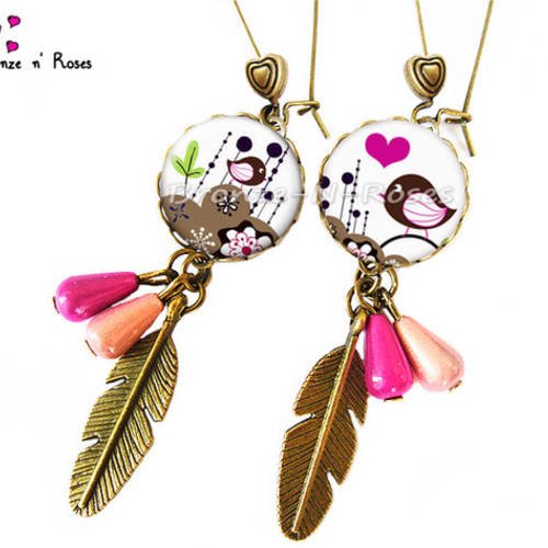 Boucles d'oreilles * love pioupiou * cabochon bronze oiseaux fleurs plume rose verre 