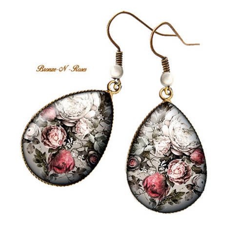 Boucles d'oreilles gouttes ° bouquet de roses ° bronze cabochon verre gris rétro vintage 