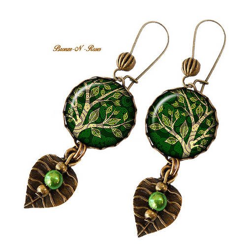 Boucles d'oreilles * nature * cabochon bronze pendant arbre vert
