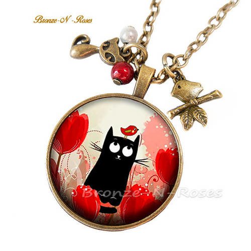 Collier °° chat noir et petit oiseau °° cabochon rouge bronze bijou fantaisie verre 