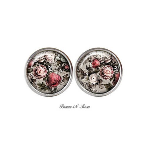 Boucles d'oreilles puces ° roses vintage ° cabochon métal argenté rétro