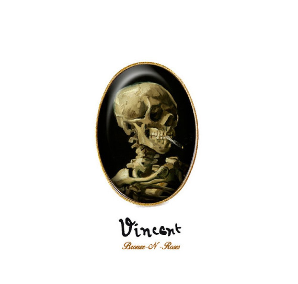 Broche pingle * crne de squelette fumant une cigarette * cabochon vincent  van gogh bronze verre - Un grand march