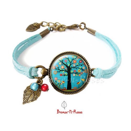 Bracelet " jardin d'eden " arbre petites fleurs cabochon turquoise bronze bijou 