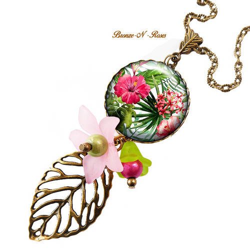 Sautoir * fleurs tropicales * cadeau bijou fantaisie vert rose collier 