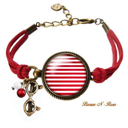 Bracelet * marinière * bronze cabochon rayures rouges blancs verre 