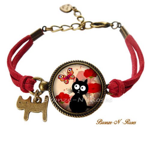 Bracelet " chat noir papillon rouge " cabochon verre bijoux fantaisie anniversaire 