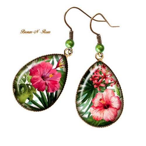 Boucles d'oreilles gouttes * fleurs tropicales * cadeau bijou fantaisie vert rose