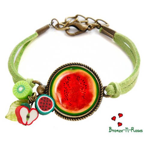 Bracelet * j'aime la pastèque * fruits vert et rouge cabochon bronze 